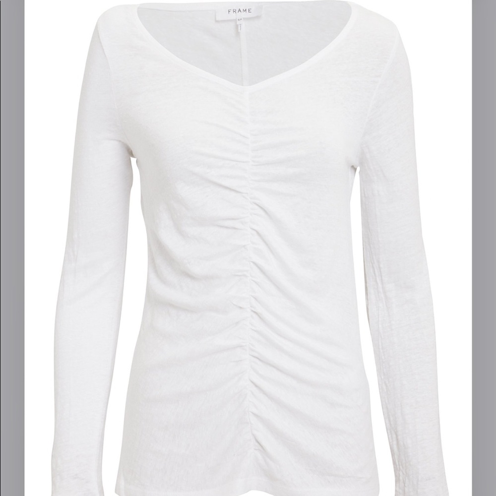 Frame shirred long sleeve linen top